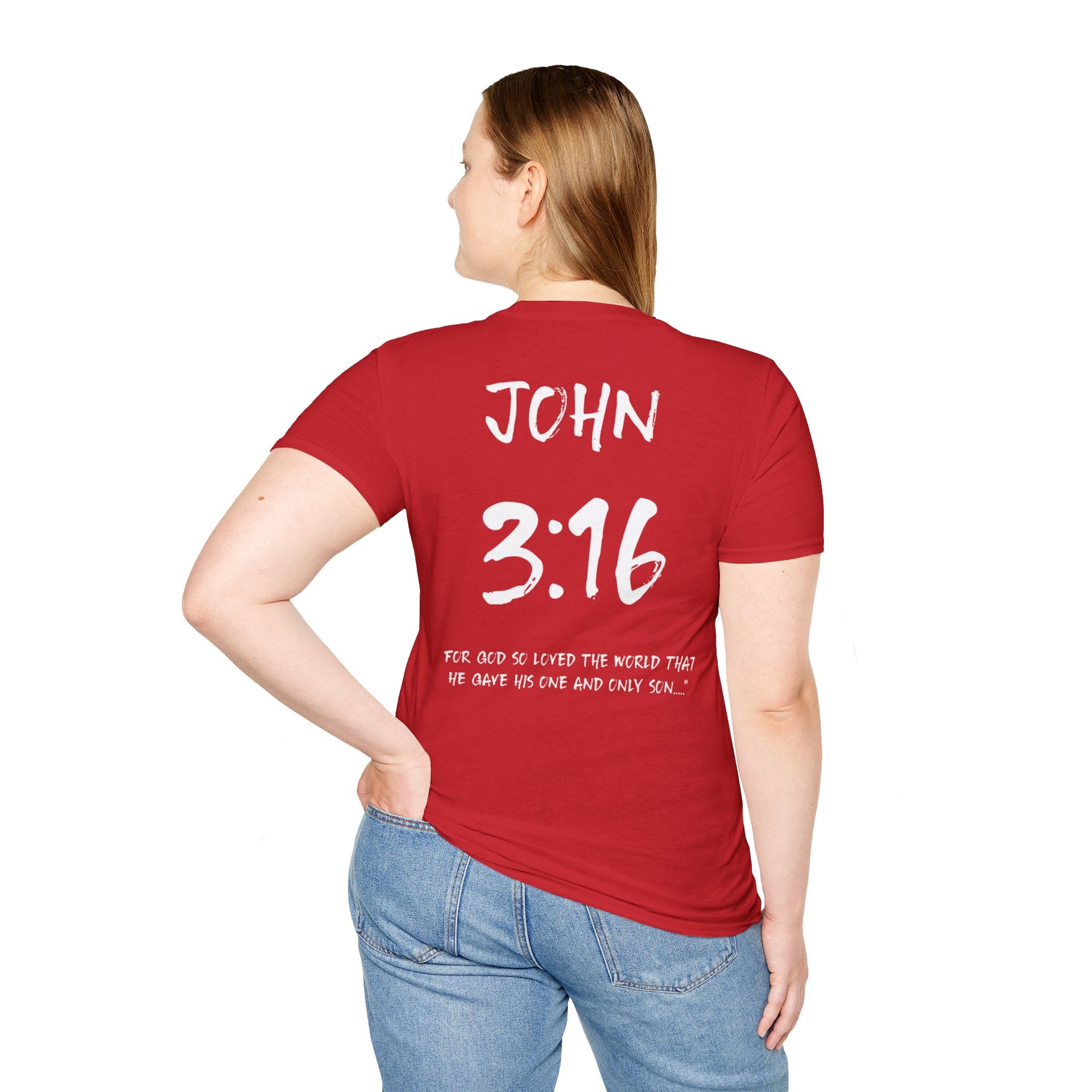 John 3:16 Inspirational Bible Verse T-Shirt-White Letters - Unisex Softstyle T-Shirt