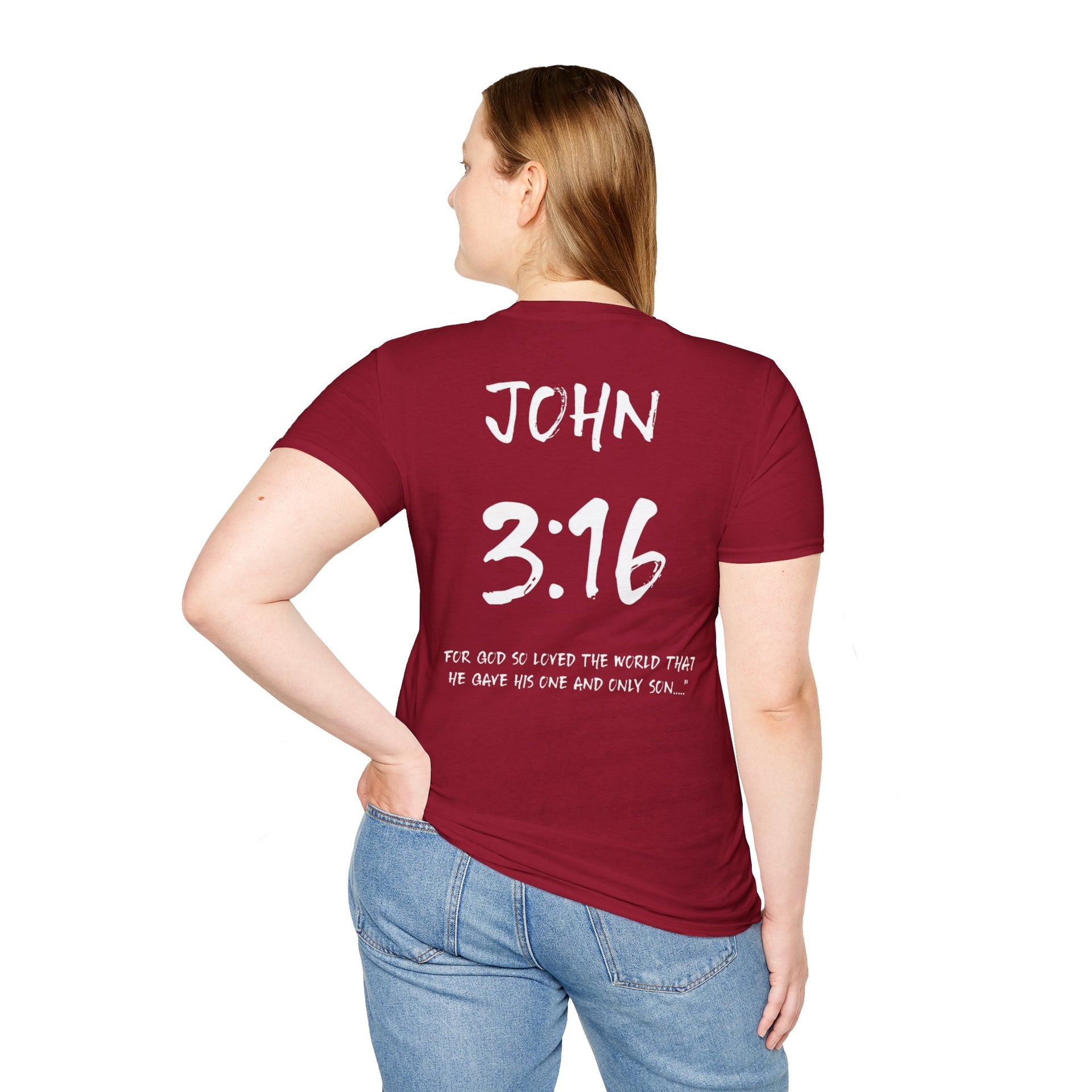 John 3:16 Inspirational Bible Verse T-Shirt-White Letters - Unisex Softstyle T-Shirt