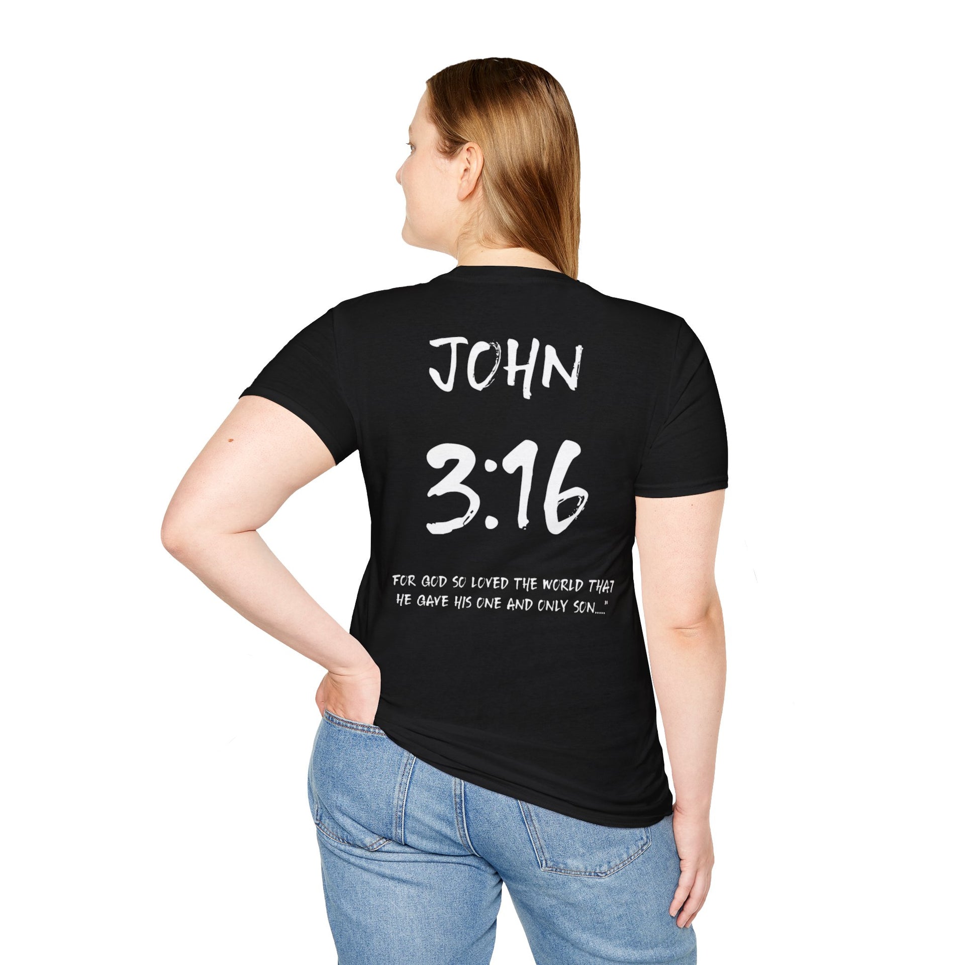 John 3:16 Inspirational Bible Verse T-Shirt-White Letters - Unisex Softstyle T-Shirt