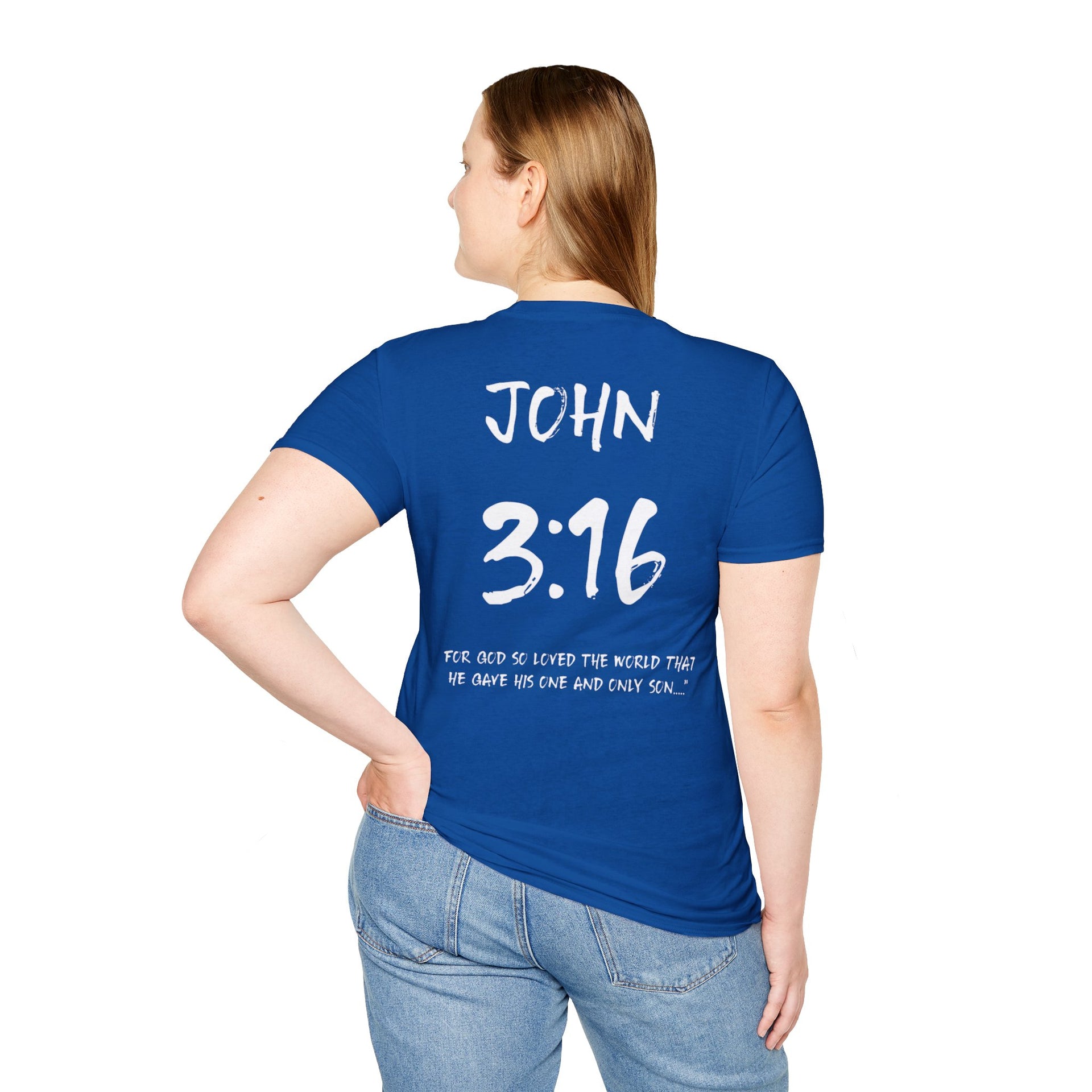 John 3:16 Inspirational Bible Verse T-Shirt-White Letters - Unisex Softstyle T-Shirt