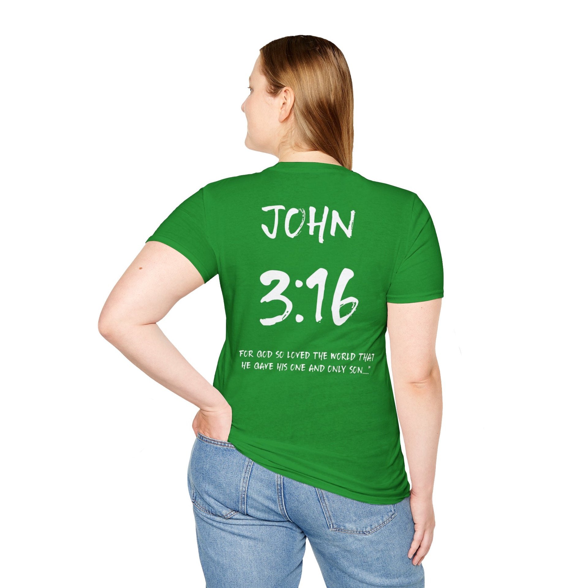 John 3:16 Inspirational Bible Verse T-Shirt-White Letters - Unisex Softstyle T-Shirt