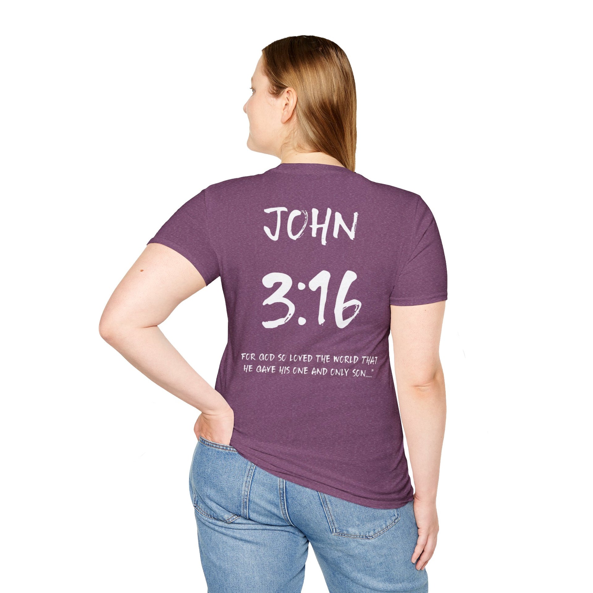 John 3:16 Inspirational Bible Verse T-Shirt-White Letters - Unisex Softstyle T-Shirt