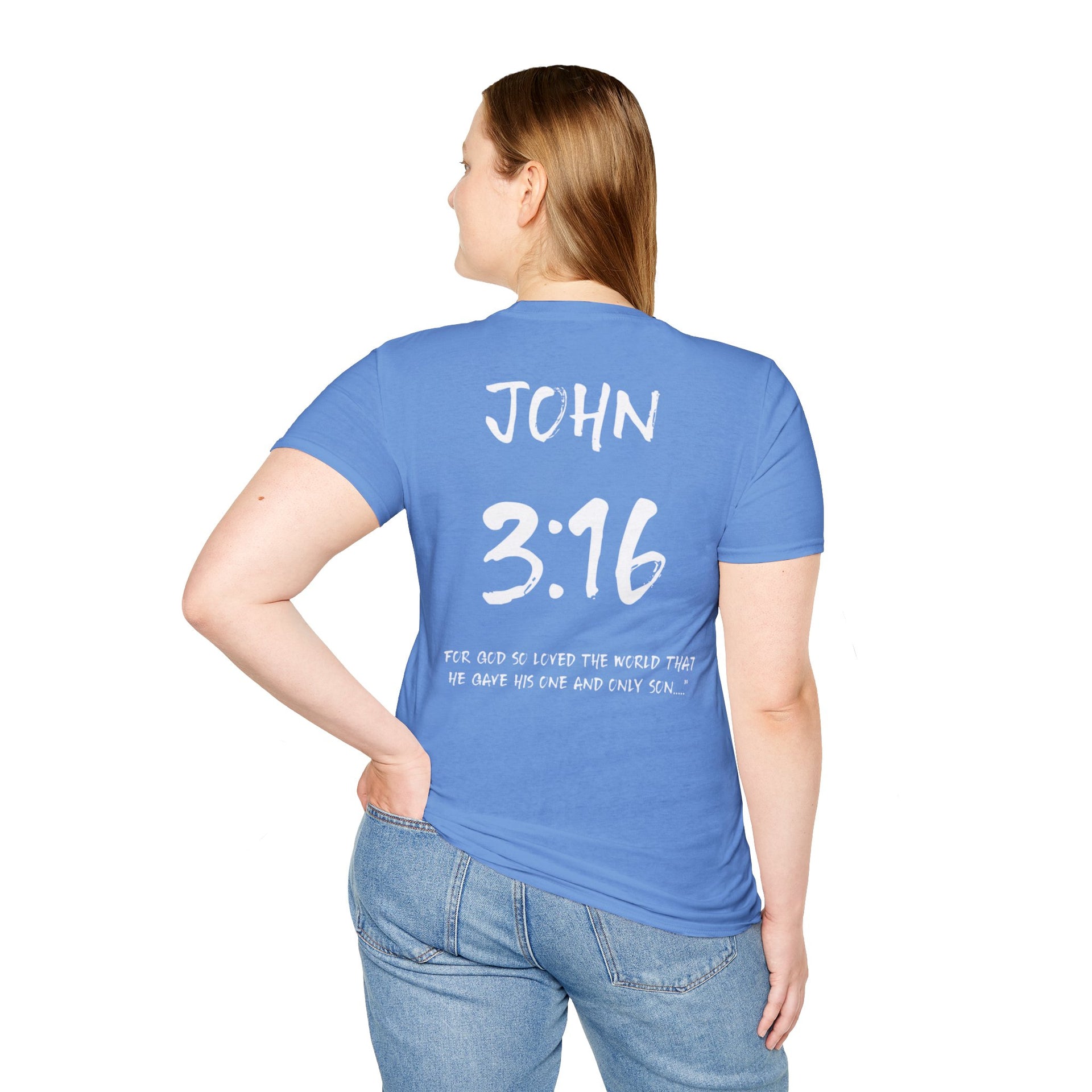 John 3:16 Inspirational Bible Verse T-Shirt-White Letters - Unisex Softstyle T-Shirt